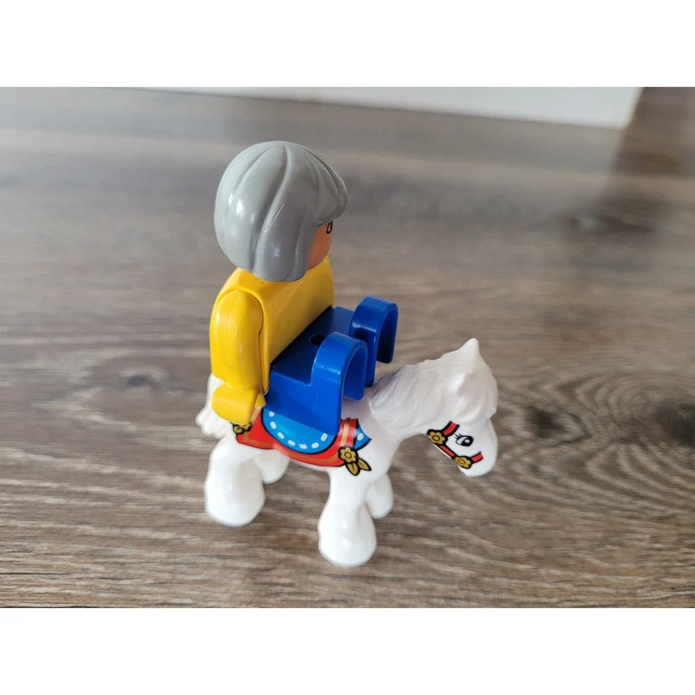 LEGO Duplo Rider Figure with White Horse‎ Yellow Shirt Blue Pants Grey Hair #5